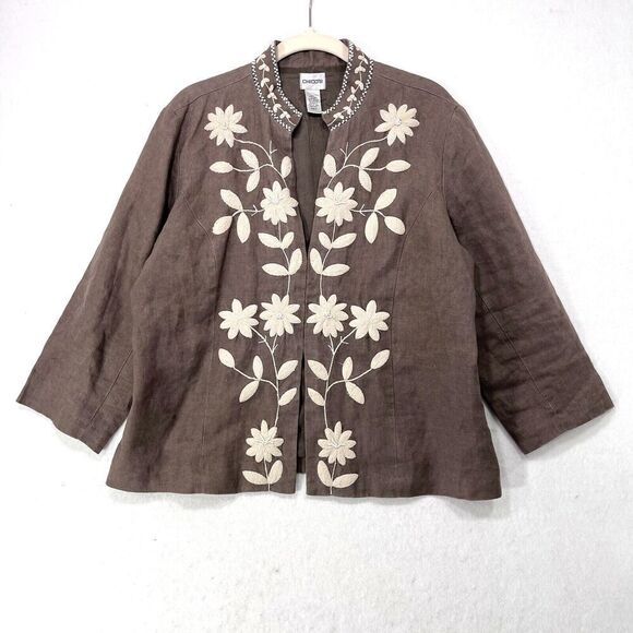 Chico's Jacket Women Large Brown 100% Linen Embroidered Floral Beaded Boxy Fit - Picture 1 of 11